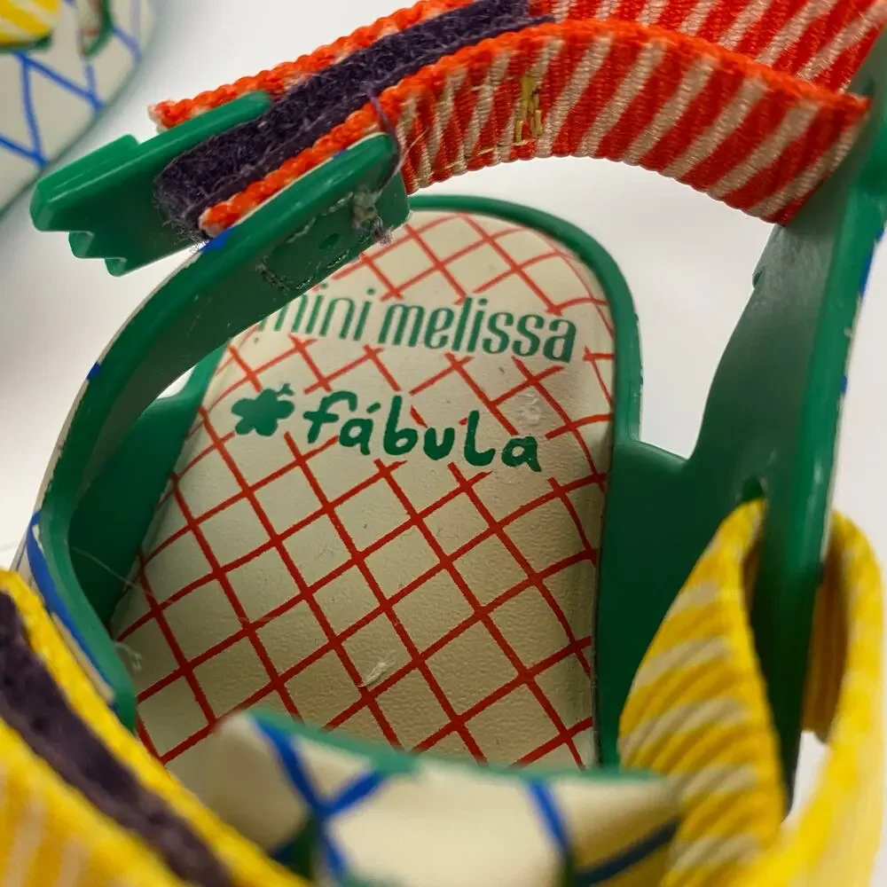 Mini Melissa White Blue Grid Sandals with Yellow, Green & Red Accents